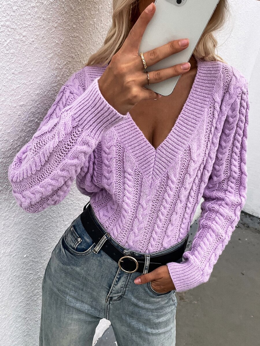 麻花編織V領套頭毛衣