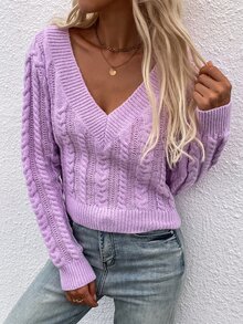 麻花編織V領套頭毛衣