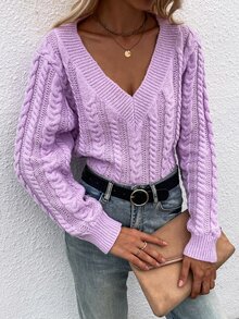 麻花編織V領套頭毛衣