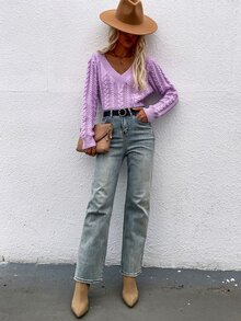 麻花編織V領套頭毛衣