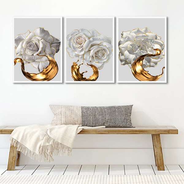 

3pcs Flower Print Unframed Painting, Multicolor