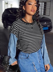 Top en mezclilla con estampado de letra y rayas - Multicolor - Ver 4