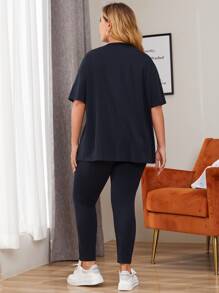 Mulvari Plus Letter Patched Tee & Leggings - Navy Blue - View 2