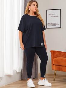 Mulvari Plus Letter Patched Tee & Leggings - Navy Blue - View 1