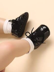 1 Pair Soft Bottom Flat Baby Shoes With Front Tie Decor, For 0-1 Years Old - Black - View 1