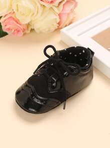 1 Pair Soft Bottom Flat Baby Shoes With Front Tie Decor, For 0-1 Years Old - Black - View 3