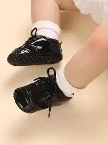 1 Pair Soft Bottom Flat Baby Shoes With Front Tie Decor, For 0-1 Years Old - Black - View 4