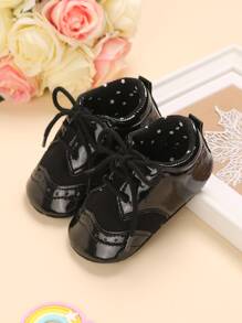 1 Pair Soft Bottom Flat Baby Shoes With Front Tie Decor, For 0-1 Years Old - Black - View 5