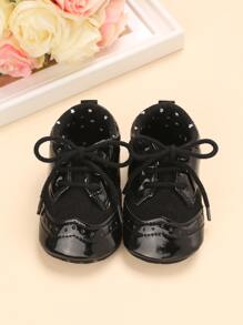 1 Pair Soft Bottom Flat Baby Shoes With Front Tie Decor, For 0-1 Years Old - Black - View 6