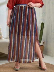 Plus High Waist Stripe & Geo Print Split Hem Skirt - Multicolor - View 1