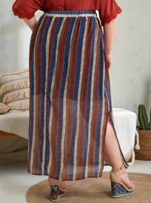 Plus High Waist Stripe & Geo Print Split Hem Skirt - Multicolor - View 2