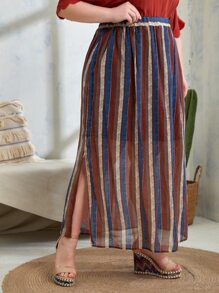 Plus High Waist Stripe & Geo Print Split Hem Skirt - Multicolor - View 3