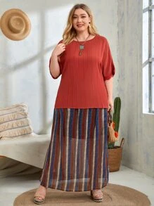 Plus High Waist Stripe & Geo Print Split Hem Skirt - Multicolor - View 4