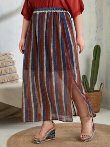 Plus High Waist Stripe & Geo Print Split Hem Skirt - Multicolor - View 5