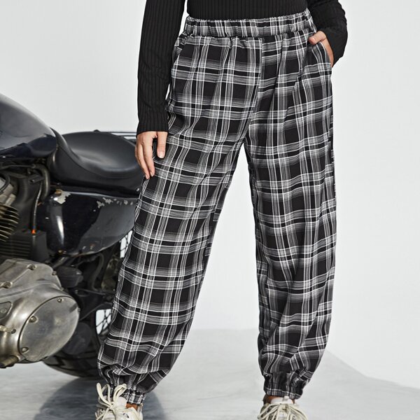 

Plus Plaid Slant Pocket High Waist Pants, Black and white