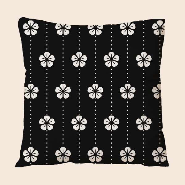 

Flower Print Cushion Cover Without Filler, Black and white