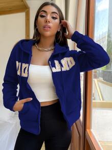 SHEIN Unity Letter Graphic Zip Up Drawstring Thermal Hoodie - Royal Blue - View 1