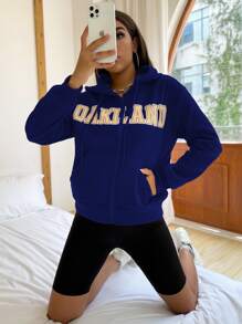 SHEIN Unity Letter Graphic Zip Up Drawstring Thermal Hoodie - Royal Blue - View 3