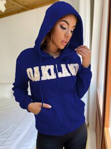 SHEIN Unity Letter Graphic Zip Up Drawstring Thermal Hoodie - Royal Blue - View 4