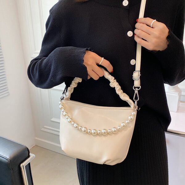 

Faux Pearl Decor Satchel Bag, Beige