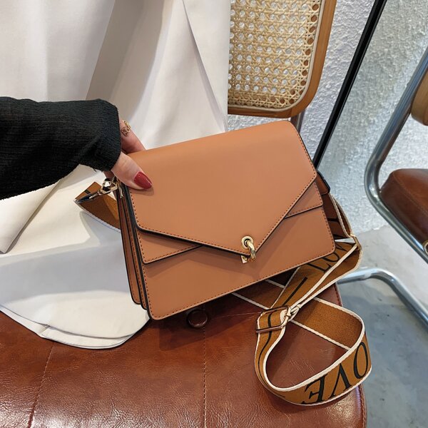

Letter Graphic Strap Flap Square Bag, Brown