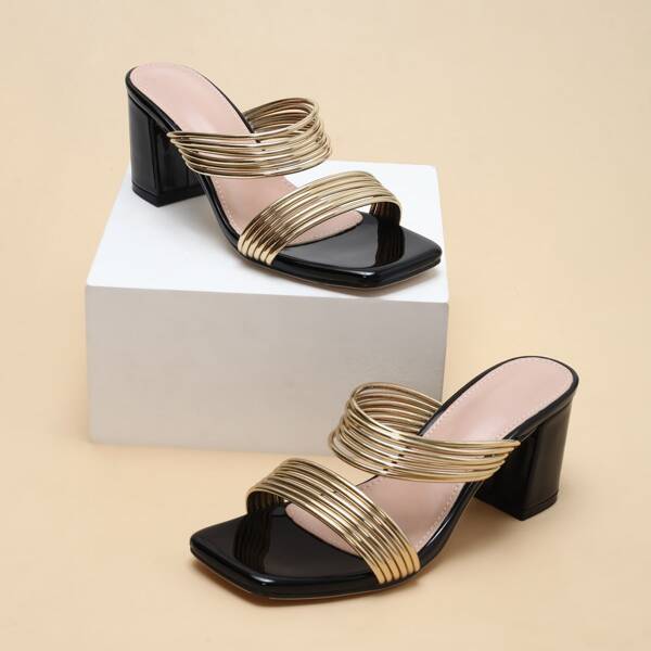 

Metallic Pattern Double Strap Chunky Slide Sandals, Gold