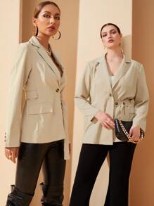 Plus 1Pc Lapel Collar Flap Detail Belted Blazer - Khaki - View 1