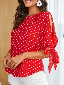 SHEIN Clasi Áo sơ mi Thắt nút Chấm bi Boho - Đỏ - Xem 2