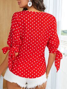 SHEIN Clasi Áo sơ mi Thắt nút Chấm bi Boho - Đỏ - Xem 3