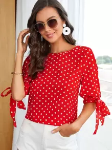 SHEIN Clasi Áo sơ mi Thắt nút Chấm bi Boho - Đỏ - Xem 1