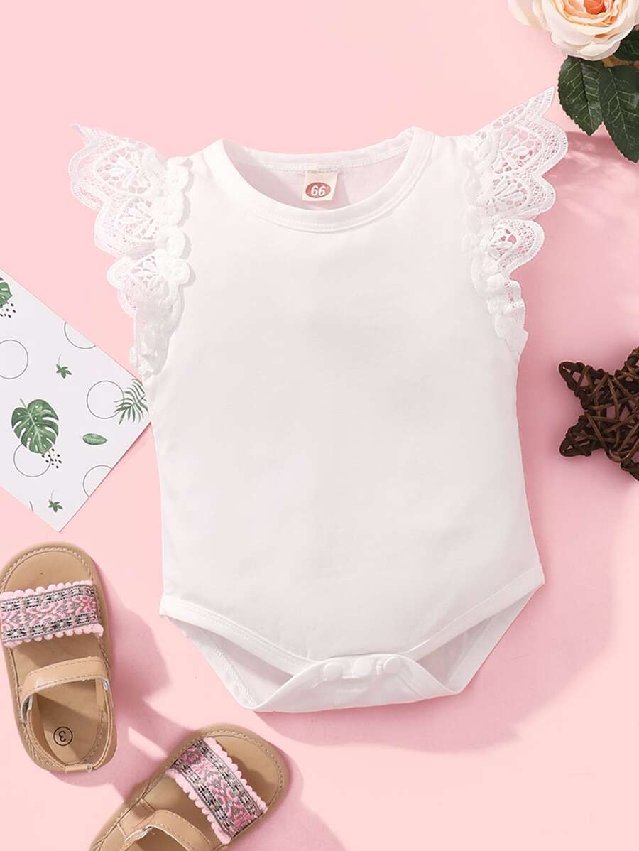 SHEIN Đứa bé gái 1 Miếng Đồ trang trí Lace hoa văn Áo liền quần chặt - trắng - Xem 1
