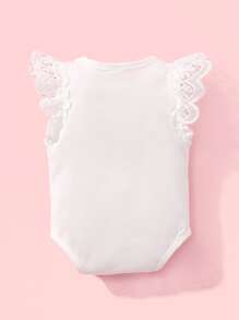 SHEIN Đứa bé gái 1 Miếng Đồ trang trí Lace hoa văn Áo liền quần chặt - trắng - Xem 2