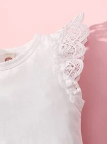 SHEIN Đứa bé gái 1 Miếng Đồ trang trí Lace hoa văn Áo liền quần chặt - trắng - Xem 3