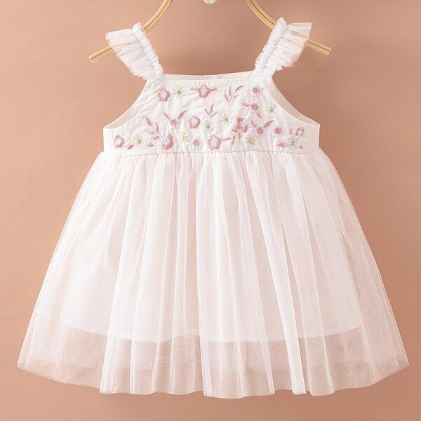 

Baby 1pc Floral Embroidery Mesh Hem Cami Dress, White