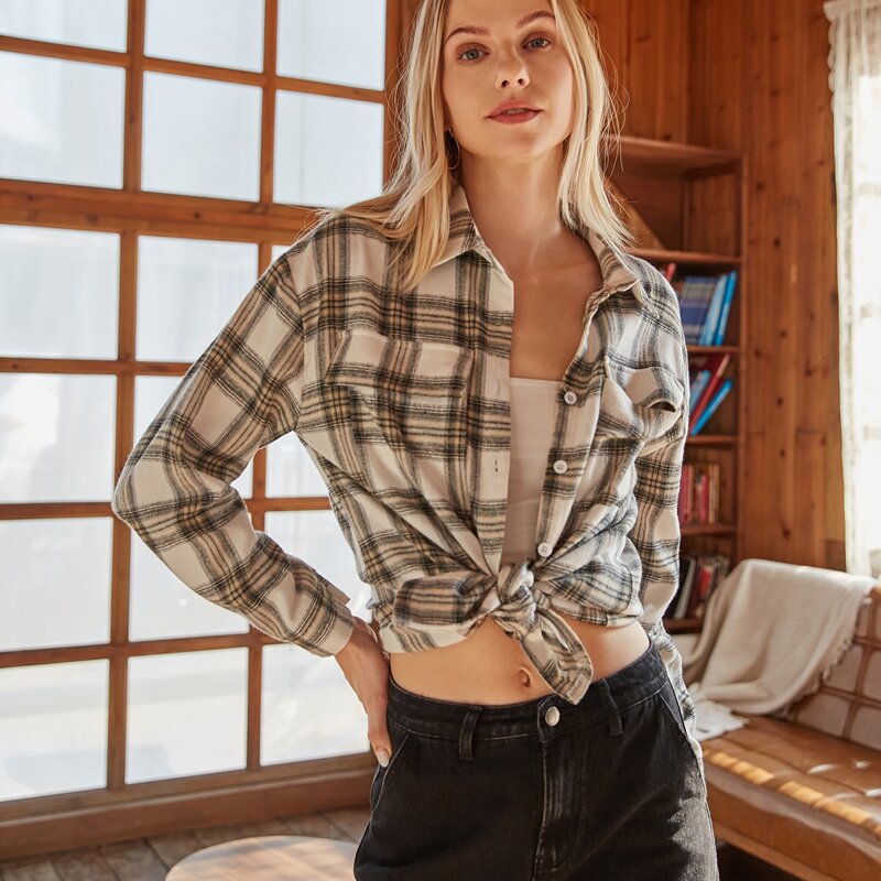

Plaid Print Button Front Blouse, Multicolor