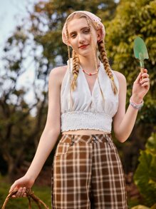 休閒打結 打褶純色女士背心 - 白色 - 查看 1