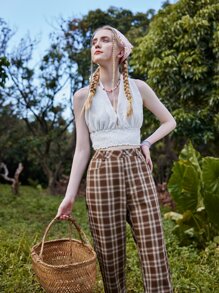 休閒打結 打褶純色女士背心 - 白色 - 查看 2