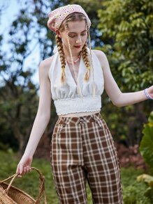 休閒打結 打褶純色女士背心 - 白色 - 查看 3