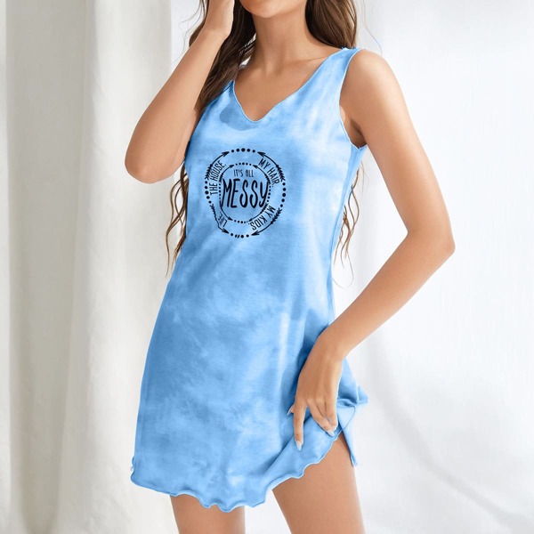 

Letter Graphic Tie Dye Lettuce Trim Hem Night Dress, Blue
