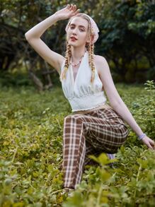 休閒打結 打褶純色女士背心 - 白色 - 查看 4