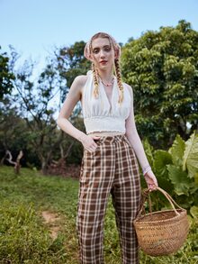 休閒打結 打褶純色女士背心 - 白色 - 查看 5