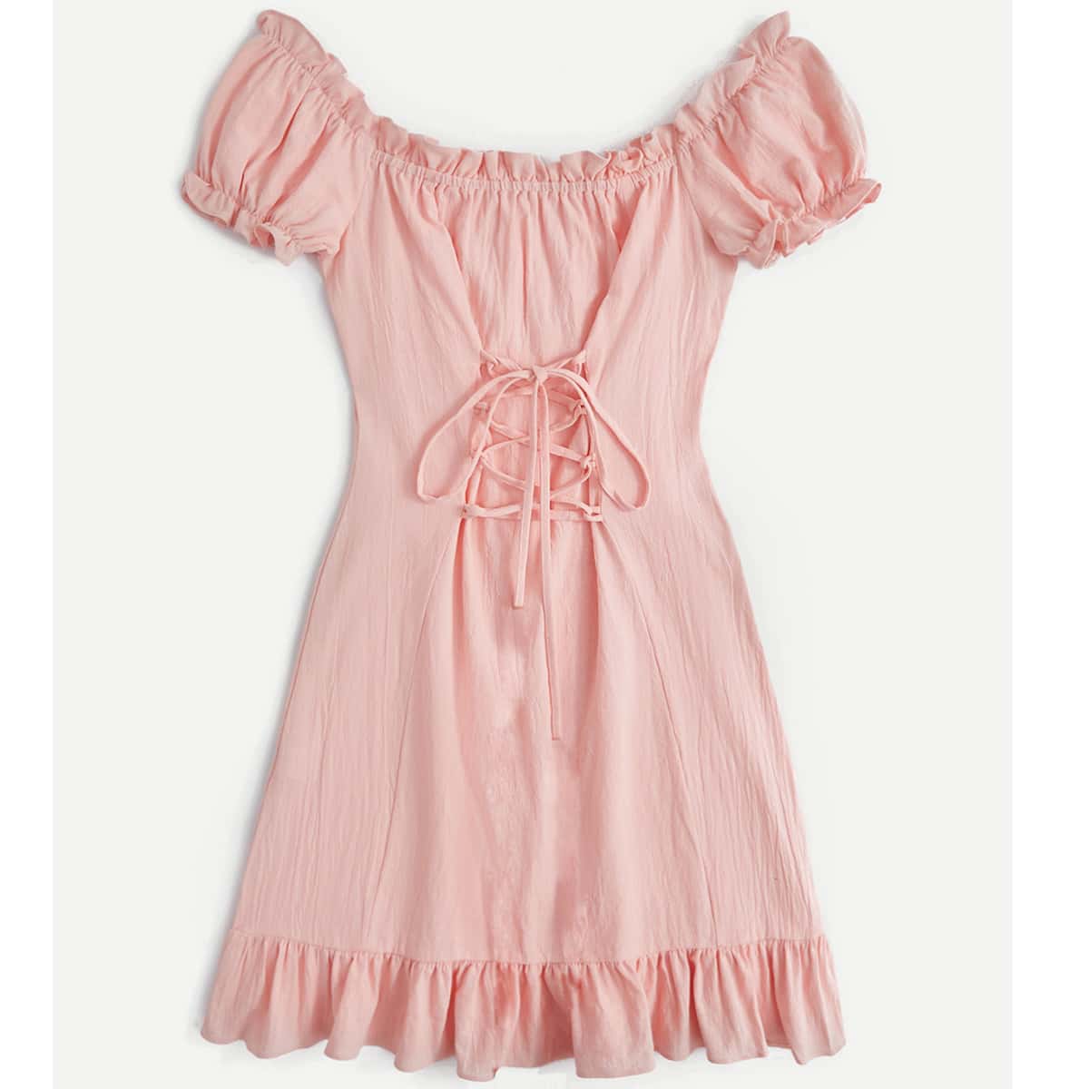 

Solid Lace Up Frill Dress, Baby pink
