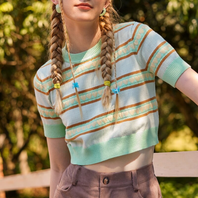 

Heart Pattern Striped Knit Top, Multicolor