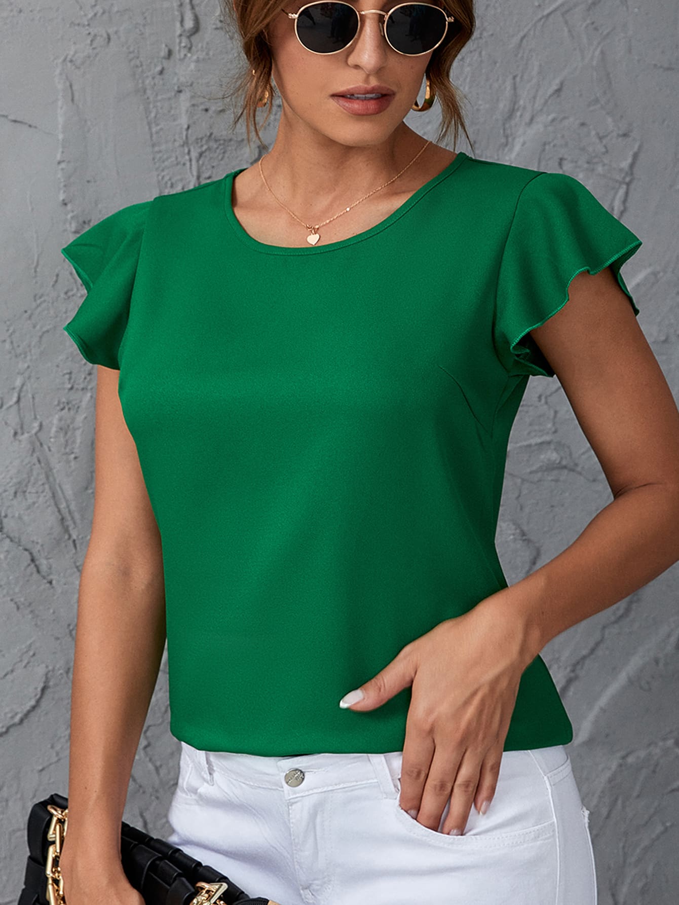 SHEIN Clasi 蝴蝶袖後鎖孔襯衫 - 綠色 - 查看 1