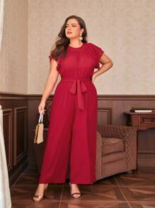 SHEIN Plus Lace Trim Belted Jumpsuit - Burgundy - View 1