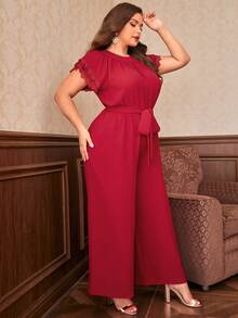 SHEIN Plus Lace Trim Belted Jumpsuit - Burgundy - View 3