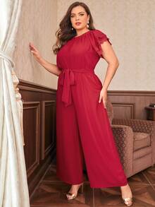 SHEIN Plus Lace Trim Belted Jumpsuit - Burgundy - View 4
