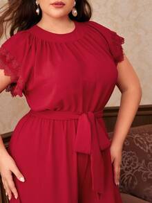 SHEIN Plus Lace Trim Belted Jumpsuit - Burgundy - View 5