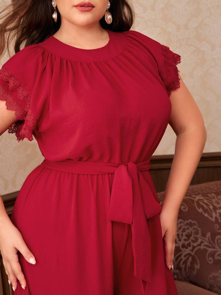 SHEIN Plus Lace Trim Belted Jumpsuit - Burgundy - View 5
