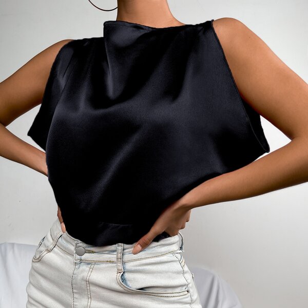 

Tie Back Boat Neck Satin Crop Top, Black